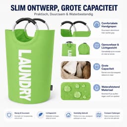 BOTC Wasmand - Waszak - Laundry basket - Wassorteerder - 38x63 cm - waszak vouwbaar - draagbaar wasbox - Groen — thumbnail 4