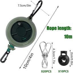 Draagbare Reiswaslijn - Groen - Intrekbaar en Anti-Klit - 10 Meter met 10 Gespen en 20 Wasknijpers - Voor Binnen en Buiten — thumbnail 1
