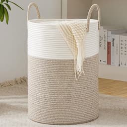Gevlochten Wasmand Van Katoen - Handgemaakte Opbergmand Met Handvatten - Decoratieve Wasverzamelaar Voor Kleding, Speelgoed, Dekens En Huishoudelijke Spullen - Natuurlijke Opbergmand Voor Woonkamer, Slaapkamer En Kinderkamer - Wit/Bruin — thumbnail 1