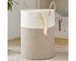 Gevlochten Wasmand Van Katoen - Handgemaakte Opbergmand Met Handvatten - Decoratieve Wasverzamelaar Voor Kleding, Speelgoed, Dekens En Huishoudelijke Spullen - Natuurlijke Opbergmand Voor Woonkamer, Slaapkamer En Kinderkamer - Wit/Bruin