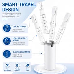4-in-1 reisdispenser, reisdispenser om te vullen, lekvrij, geschikt voor toilettas en reisflessen, biedt ruimte voor shampoo, lotion, spoeling, douchegel enz. (wit) — thumbnail 3