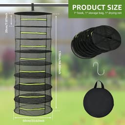 8-laags droognet voor kruiden, droognet Grow met standaard, kruidendroger hangend, kruidendroognet met S-haak, inklapbaar hangnet voor gedroogde bloemen, vis, vlees, breedte 60 cm — thumbnail 4