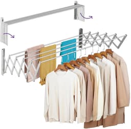 SnelShoppen - Uittrekbaar droogrek aan de muur 140 cm, roestvrij, inklapbaar met 5 aluminium buizen, uittrekbaar van 12-80 cm, ruimtebesparend voor bi — thumbnail 1