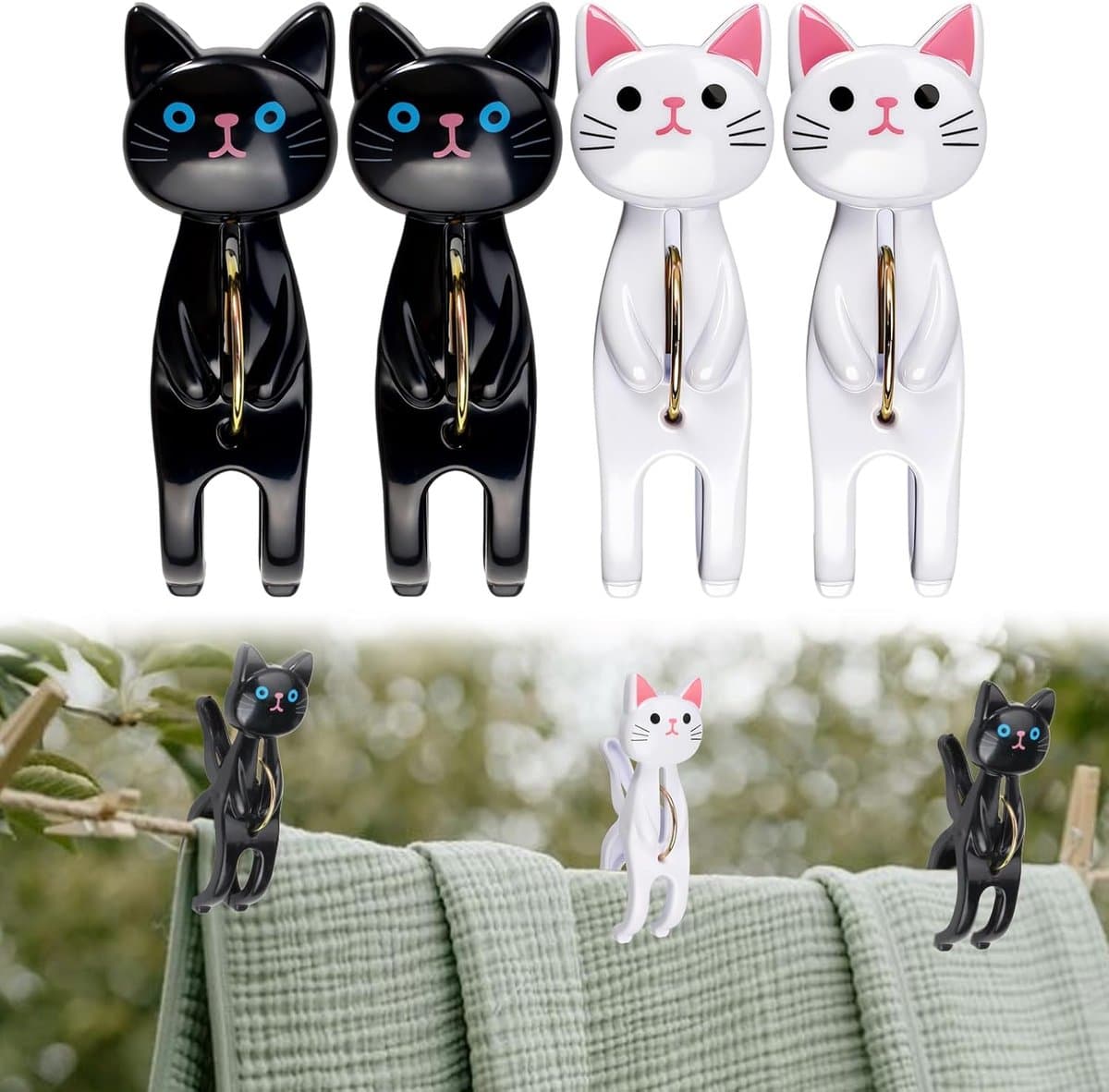 4 stuks handdoekklemmen met kattenmotief voor strandstoel | Schattig design, voor strandlaken en badhanddoek, windbescherming, grote wasknijpers, geschikt voor beddengoed — afbeelding 1