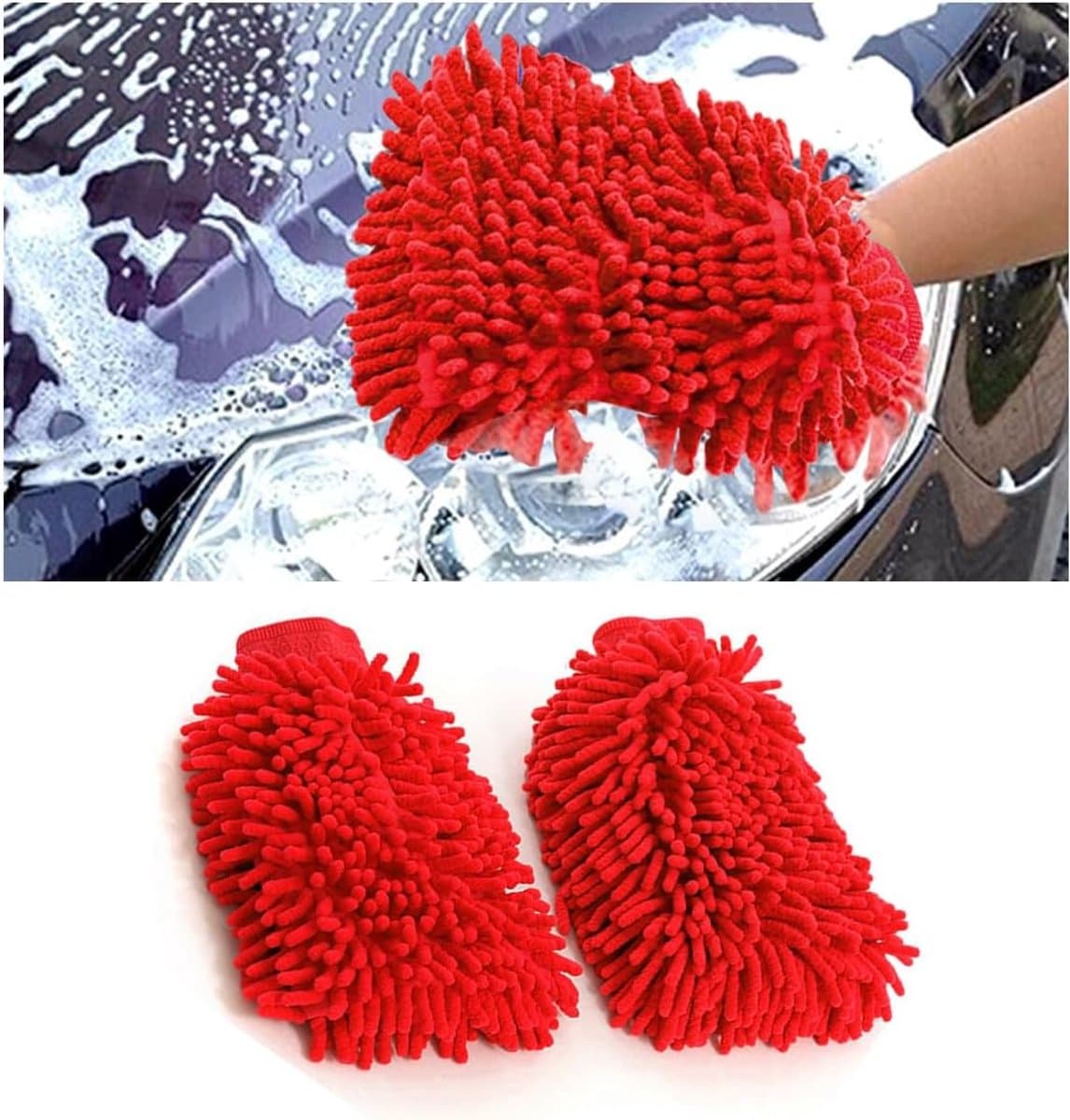 2 stuks microvezel handschoenen, chenille-washandjes, krasbestendig, zacht, absorberende reinigingsset voor auto — afbeelding 1