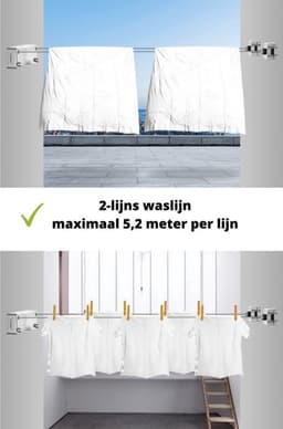 Witte dubbele uittrekbare wandroldrooglijn (2x 5,2 meter) totaal 10,4 meter - Ruimtebesparende wandwaslijn met sterke waslijndraad voor binnen en buiten drogen — thumbnail 2