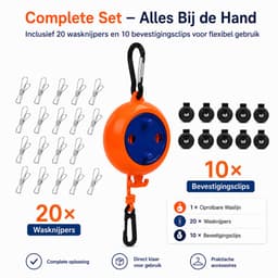 Drooglijn 10m - Oprolbaar - 20 Hangers & 10 Clips - Voor Camping & Thuis — thumbnail 3