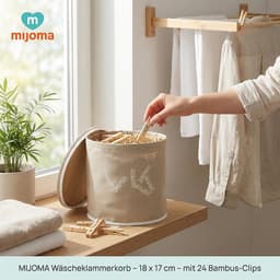 SnelShoppen - MIJOMA Wasknijpermand 18 x 17 cm – 24 bamboe clips – licht polyester stof in beige – voor balkon, badkamer en voorraadkast — thumbnail 5