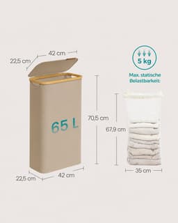 AALVERO - Wasmand - Wasbox - Wasmand met deksel - Ruimtebesparend - Uitneembare waszak - 65L - Oxford stof - Bamboe - Camel Bruin — thumbnail 5
