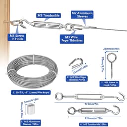 Kabelspansysteem-set: 15 meter roestvrijstalen kabel (2 mm, met vinylcoating) en M5-spanschroefset – geschikt voor lichtsnoeren en het ophangen van schilderijen. — thumbnail 2