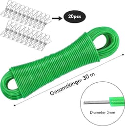 Waslijn met Clips - Drooglijn Buiten - Kleding Drogen - Roestvrij Staal Kern - 30 Meter Lengte - Groen — thumbnail 5