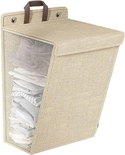 iBright hangende wasmand met Deksel - Inklapbare waszak - 60 Liter - Inclusief Muurbevestiging - Beige — thumbnail 1