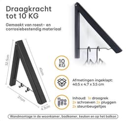 Milano Luxurious inklapbaar droogrek – 40.5 x 33 x 31 cm – 2 Stuks – Garderobehouder – Wasrek inklapbaar – Kledinghanger wandmontage – stevige kledinghaak inklapbaar – Wanddroogrek – Inklapbaar droogrek – Zwart — thumbnail 5
