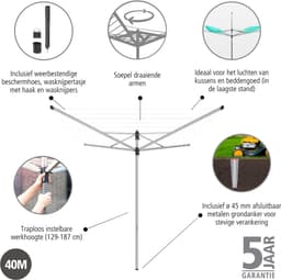 Brabantia Lift-O-Matic Droogmolen - 40 m - met Metalen Grondanker - Beschermhoes - Wasknijpertasje en Wasknijpers - Metallic Grey — thumbnail 3