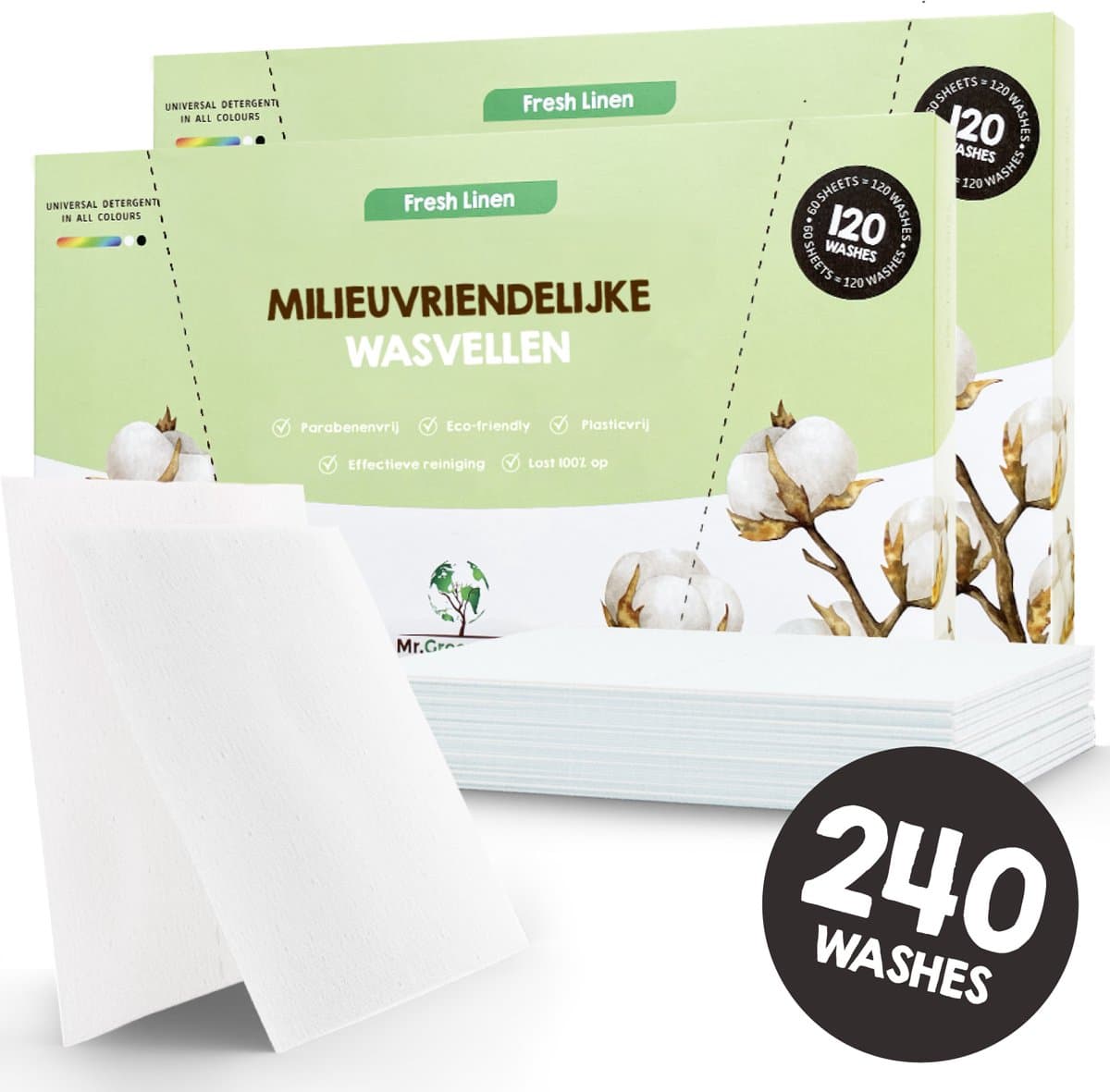 Mr. Green Mind Wasstrips ECO 240 Wasbeurten Fresh Linen Wasmiddel Milieuvriendelijke Wasstrips Wasmiddel Voordeelverpakking incl. wasverzachter — afbeelding 1