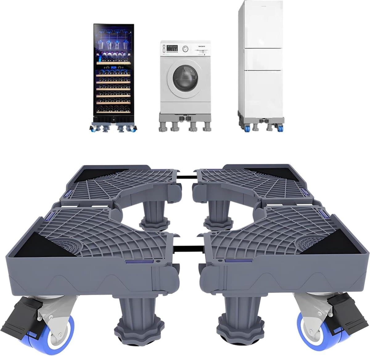Wasmachine-voetstuk onderstel met 8 poten en 4 vergrendelbare wielen - 42-60 cm breed - hoogte 10-11 cm - platform voor wasmachine, droger, koelkast — afbeelding 1