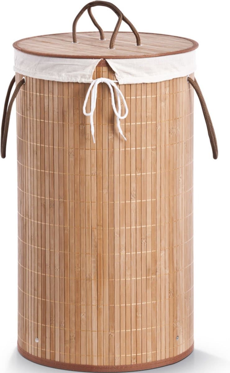 1x Luxe ronde bruine wasmanden van bamboe hout 35 x 60 cm - Huishouding/huishouden - Schoonmaakartikelen - Was sorteren/verzamen - Wasgoedmanden/wasmanden - Ronde wasmanden — afbeelding 1