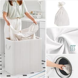 Hoppa! Wasmand - Bamboe - 3 vakken - 150 L - Opvouwbaar - Wit — thumbnail 3