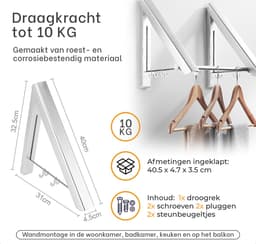 Milano Luxurious inklapbaar droogrek – Wasrek hangend – wasrek inklapbaar – wandmontage kledingrek – stevige kledinghaak inklapbaar – lichtgewicht en ruimtebesparend wasrek – zilver - 40.5x33x31 cm — thumbnail 5