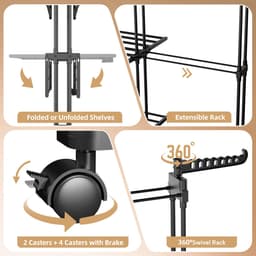 Soontrans Metalen Wasrek Met Wielen – Inklapbaar & Uitschuifbaar, 3 Verdiepingen Droogtoren 66x50x170cm, Multifunctioneel Voor Binnen/Buiten/Balkon, Stevig en Langleven, Inclusief 2 Sokkenclips en 1 Dubbellaagse Droogmand (Zwart) — thumbnail 5