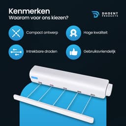 DHOENT PRODUCTS ® Uitschuifbare Waslijn – Telescopische Waslijn – Automatische Inklapbare Kledinglijn – Uittrekbare Drooglijn – Badkamer & Balkon – Ruimtebesparend – Wit – Inclusief Montage Set — thumbnail 5