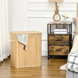 Wasmand, opbergmand, speelgoedopslag, kledingopslag, met deksel en handgrepen, 2 vakken, met afneembare stofzak, geschikt voor woonkamer, slaapkamer, badkamer 54,2 x 35,2 x 59,5 cm hout kleur bamboe — thumbnail 3