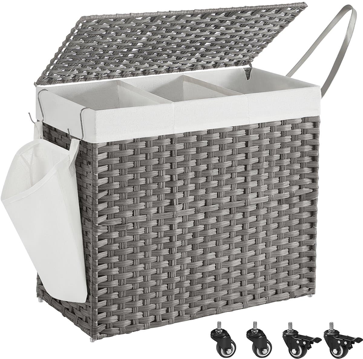 Wasmand met 3 Vakken & Deksel – Grijs Rotan Look – Met Wieltjes & Zijvak – Uitneembare Waszakken – 160L — afbeelding 1