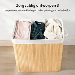 Bamboe Wasmand 150L met Deksel en 3 Compartimenten – Opvouwbare Wasmand met Uitneembare Binnenzak – Stevig, Duurzaam & Groot Formaat — thumbnail 2