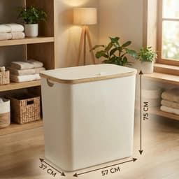 Somstyle Wasmand 3 Vakken - 75 x 57 x 37 CM - Wassorteerder met Deksel - 160 Liter - Uitneembare Binnenzak & Labels - Crème Wit — thumbnail 2