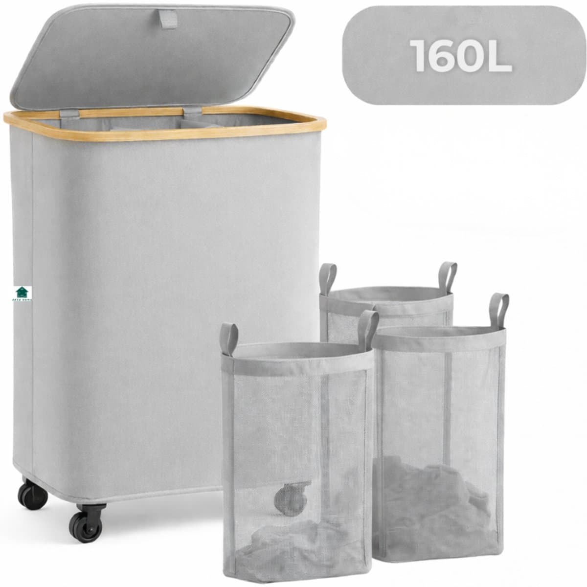 AKSA Home® Wasmand met Wieltjes - Wassorteerder met 3 vakken - Wasmand Opvouwbaar met Deksel - 160L - Grijs — afbeelding 1