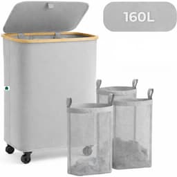 AKSA Home® Wasmand met Wieltjes - Wassorteerder met 3 vakken - Wasmand Opvouwbaar met Deksel - 160L - Grijs — thumbnail 1