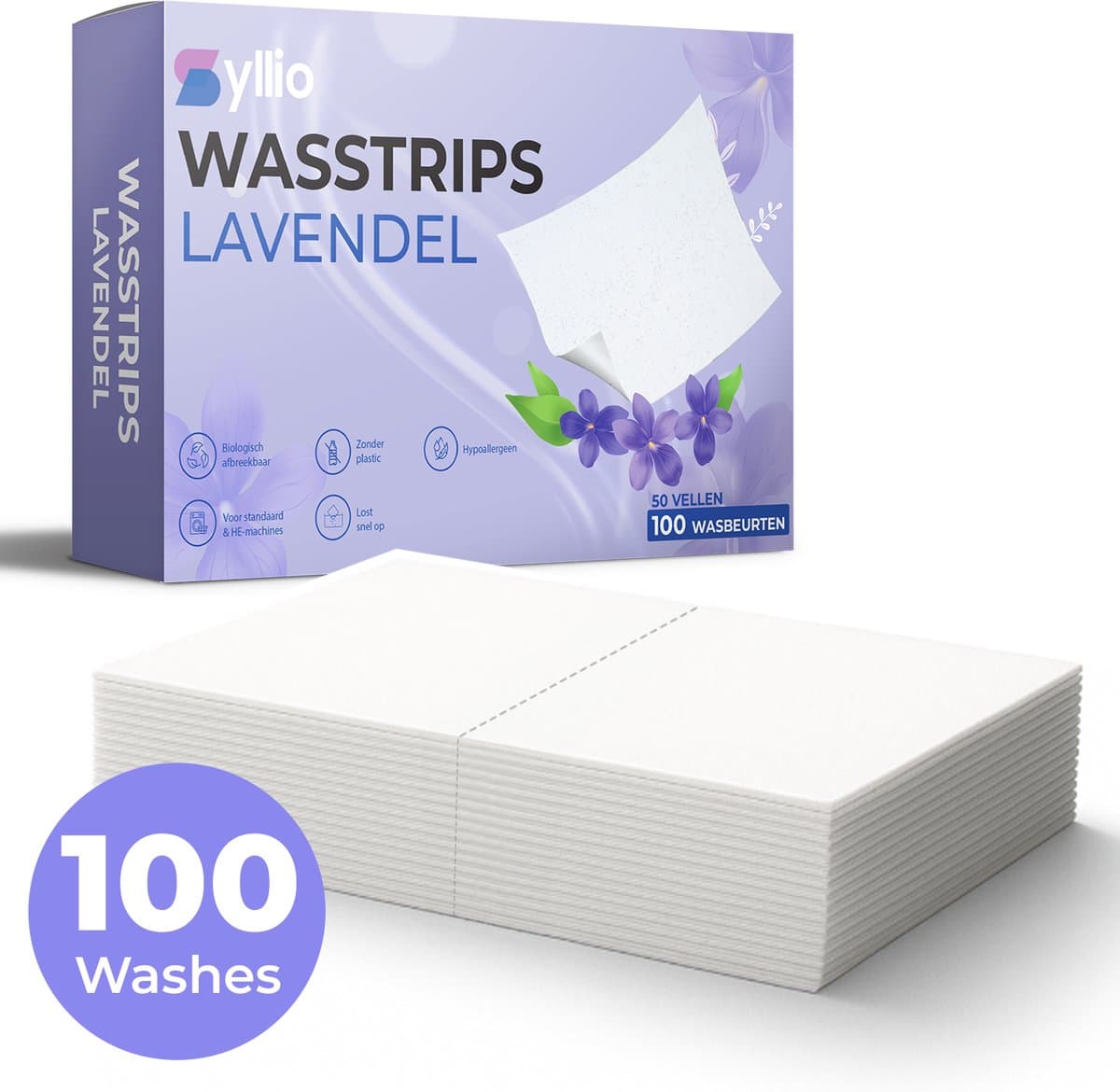Syllio Wasstrips - 100 Wasbeurten - Lavendel Wasstrips - Wasmiddeldoekjes - Wasdoekjes - Laundry Strips — afbeelding 1