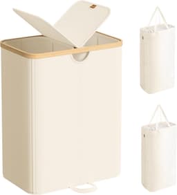 SONGMICS Wasmand met 2 compartimenten, 150 liter, vuile wassorteermachine met deksel, afneembare zakken, voor wasruimte, slaapkamer, woonkamer, crèmewit en natuurlijk beige LCB523W01 — thumbnail 1