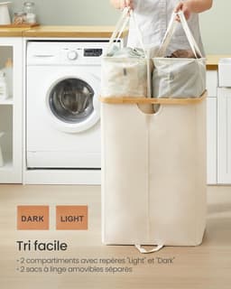SONGMICS Wasmand met 2 compartimenten, 150 liter, vuile wassorteermachine met deksel, afneembare zakken, voor wasruimte, slaapkamer, woonkamer, crèmewit en natuurlijk beige LCB523W01 — thumbnail 3