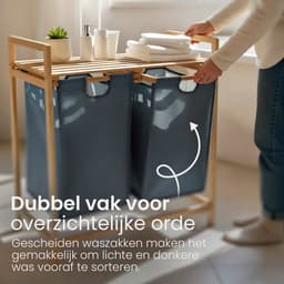 CLP Wasmand met deksel - 2 Vakken Sussina - Hout - met Plank - Bamboe Frame - voor Badkamer - natura — thumbnail 3