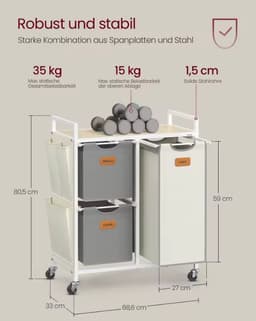 Wasmand 100L met 3 Vakken & Wielen – Metalen Frame met Houten Bovenblad – Inclusief 3 Zijvakken – Uitneembare Waszakken – Was Sorteren – Wit/Grijs — thumbnail 4