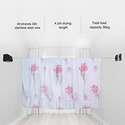 Aan de muurgemonteerde uittrekbare waslijn, robuuste dubbele waslijn, verdikt, voorkomt doorhangen, veilige industriële draad, 30 meter, voor hotel voor balkon (zwart) — thumbnail 4