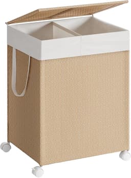 Dubbele wasmand met verdeler 46,5×37,5×65 cm 100L, met wielen, deksel, handvat en afneembare waszak, rotan-look, stevig en duurzaam, water- en verouderingsbestendig, geschikt voor wasruimte en badkamer — thumbnail 5