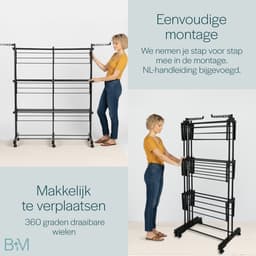 BAUER & MEYER® - Droogrek XL - Wasrek inklapbaar - Incl. 20 wasknijpers + 1x wasmand - 40 Meter drooglengte - Droogtoren Wastoren - 170 x 134 x 65 cm - Zwart — thumbnail 4