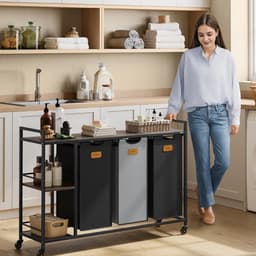 Wasmand - 3-delig met Rek - 150 Liter – Wassorteerder – Industriële Opbergrek voor Wasruimte - 117x33x80,5cm — thumbnail 3