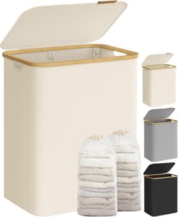 SONGMICS LCB513W01 Wasmand met deksel met 2 vakken, 130 liter, uitneembare waszak, Oxford-stof, handgrepen van bamboe, opvouwbaar, 52 x 38,5 x 70,5 cm, crèmewit — thumbnail 1