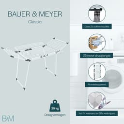 BAUER & MEYER® Droogrek Classic - Wasrek Inklapbaar - Incl. 20 wasknijpers + 1x wasmand - 25 Meter drooglengte + 30kg draagkracht - WIT — thumbnail 3
