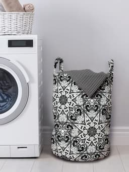 ABAKUHAUS Mandala-waszak, Oostaziatisch patroon, wasmand met draaggrepen, koordsluiting, voor wasserettes, 33 cm breed x 49 cm hoog, zwart-wit — thumbnail 2