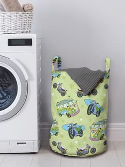 ABAKUHAUS Hippie waszak met motorfietsen en retrobussen, wasmand met handvatten en trekkoordsluiting voor wasserettes, 33 cm breed × 49 cm hoog, lichtgroen multicolor — thumbnail 2