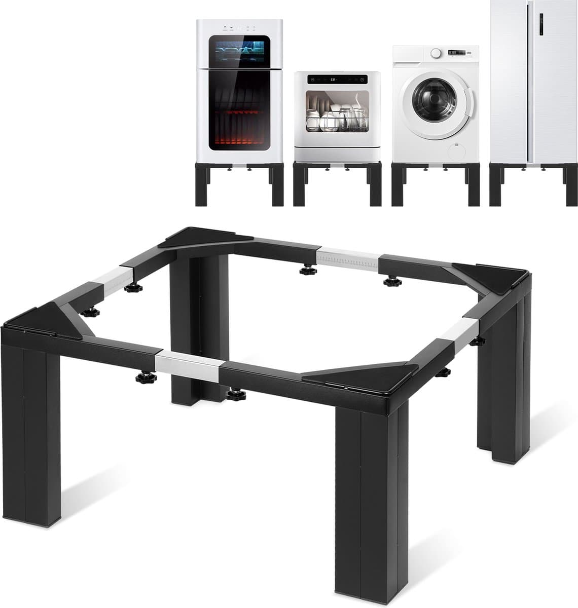 Wasmachine verhoger - Verstelbaar - Wasmachine opbouwmeubel - Roestvrij staal - Zwart + Zilver — afbeelding 1