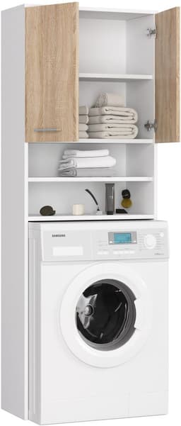 Badkamerkast voor Wasmachine FIN / Hoge Wasmachinekast met 2 Deuren / AKORD Furniture Factory / Wit - Sonoma Eik / 64 x 180 x 30 cm — thumbnail 4