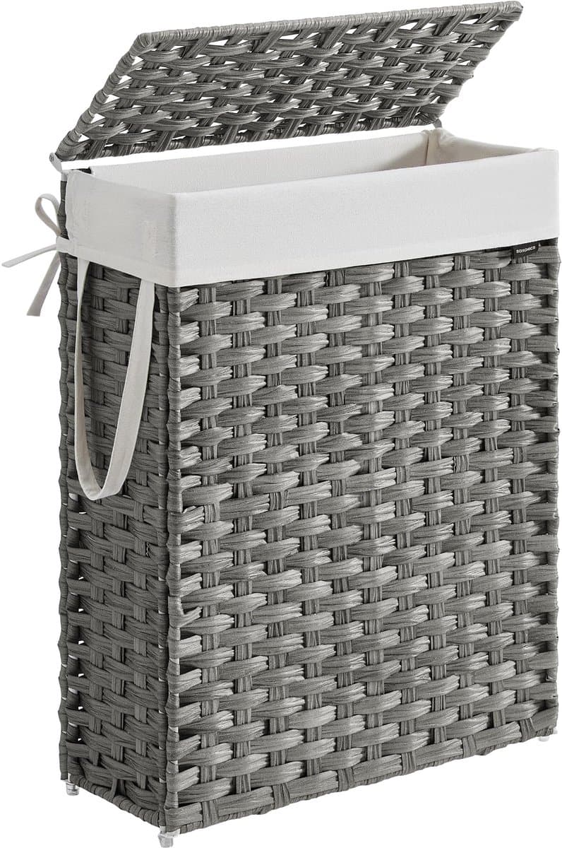 SONGMICS smalle wasmand, wasmand 55 L, wasbox van synthetisch rotan, met deksel en handgrepen, gevlochten, opvouwbaar, afneembare waszak, wasruimte duifgrijs LCB164G01 — afbeelding 1