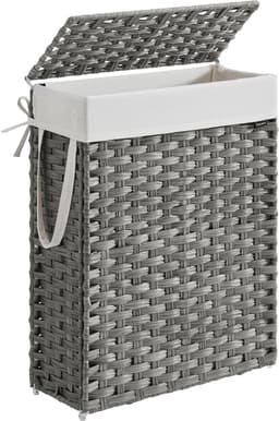 SONGMICS smalle wasmand, wasmand 55 L, wasbox van synthetisch rotan, met deksel en handgrepen, gevlochten, opvouwbaar, afneembare waszak, wasruimte duifgrijs LCB164G01 — thumbnail 1