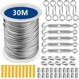 Hangende waslijn roestvrij stalen kabel - hangende roestvrijstalen kabel - 30M wastouw voor buiten - droogrek voor buitenkleding - metalen kabel voor buiten - roestvrijstalen relingkabelset — thumbnail 1