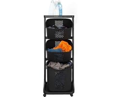 Eleganca Wasmand 3 vakken - Inhoud 82 L - Wassorteerder - Afneembare manden - Wasmand op Wielen - Ruimtebesparend - B44xD33xH109 cm - Kunststof - Zwart